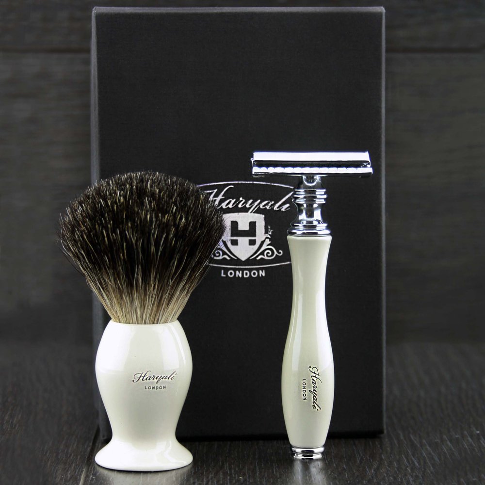 Haryali London Luxury Ivory Mens Shaving Set With Double Edge Safety Razor & Pure Black Badger Hair Brush Perfect Set For Men