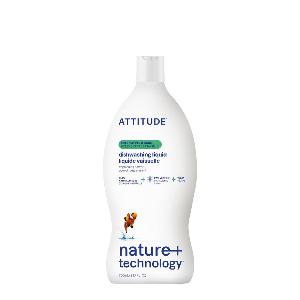 ATTITUDE Washing Up Liquid, EWG Verified, Plant-Based & Vegan Dish Soap, Naturally Derived, Green Apple & Basil Scent, 700 mL
