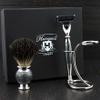 3 Pieces Men's Shaving Gift Set in Sliver Antique with Triple Edge Compatible Cartridge Head Razor,Black Badger Brush & Dual Stand for Both Razor & Brush .Perfect Set for Him view 3