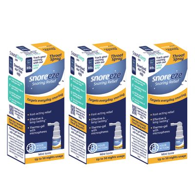 Snoreeze Anti-Snoring Throat Spray - Effective Snoring Aids for Men & Women - Fast Acting Lubricating Thermo Gel - Snore Stopper to Use with Mobile App - Triple Pack -23,5ml Each - 150 Nights Use
