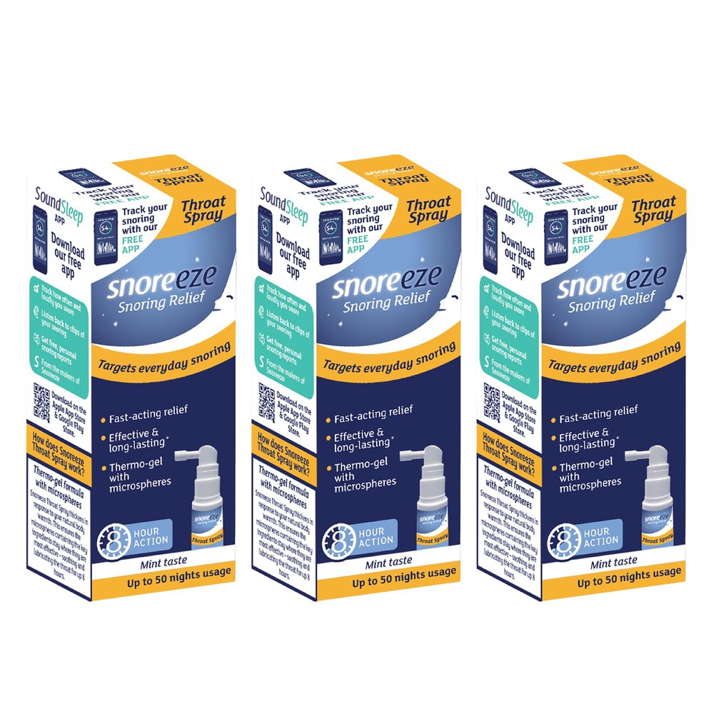 Snoreeze Anti-Snoring Throat Spray - Effective Snoring Aids for Men & Women - Fast Acting Lubricating Thermo Gel - Snore Stopper to Use with Mobile App - Triple Pack -23,5ml Each - 150 Nights Use