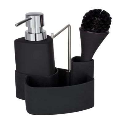 WENKO 3620127100 Wash up set Empire black - washing-up liquid dispenser, washing-up brush, dish cloth holder Capacity: 0.25 l, Soft-Touch ceramic, 11 x 19 x 12.5 cm, Black