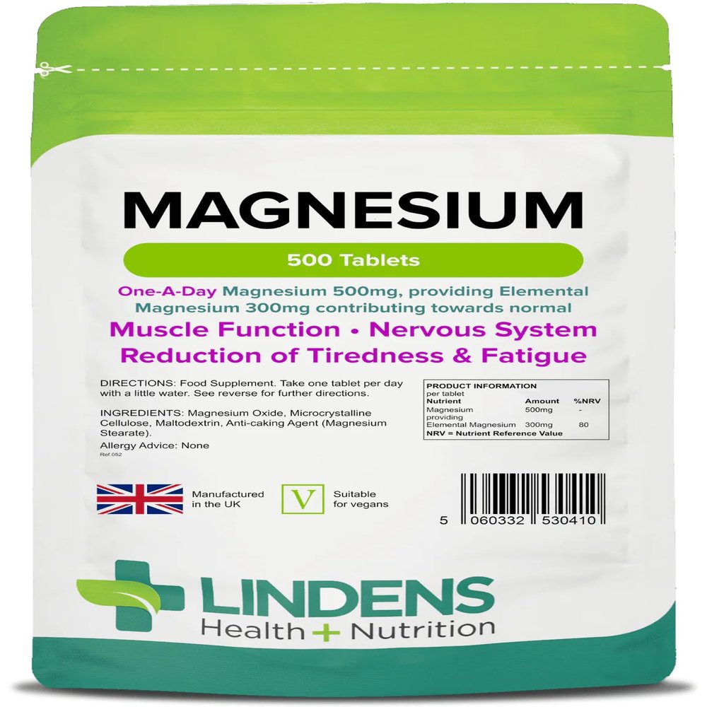 Lindens - Magnesium 500mg - 500 Tablets - UK Made, Reduces Tiredness & Fatigue, Supports Muscle & Nervous System Function - Bones & Teeth Health - Vegan, GMP & Letterbox Friendly