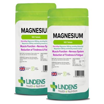 Lindens Magnesium Tablets 500mg, 1000 Tablets - Reduces Tiredness & Fatigue, Supports Metabolism, Muscle Function, Nervous System, Bones & Teeth - UK Made
