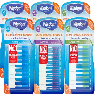 6x Wisdom Clean Between Interdental Brushes - Pack of 20  Fine, Medium & Large (2 of each)