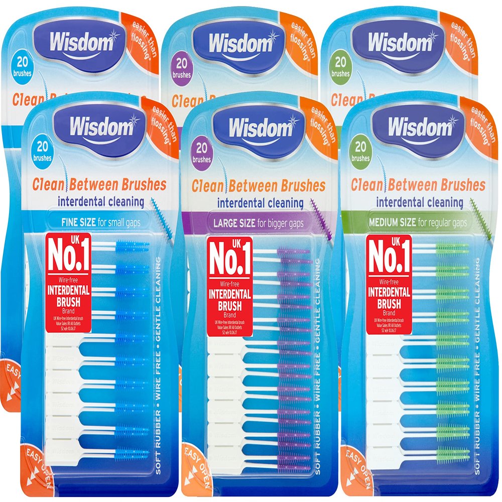 6x Wisdom Clean Between Interdental Brushes - Pack of 20  Fine, Medium & Large (2 of each)