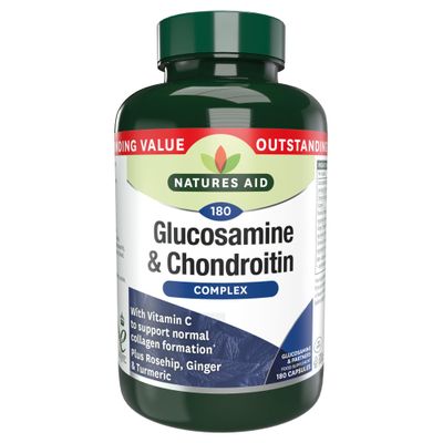 Natures Aid Glucosamine and Chondroitin Complex, with Vitamin C, Rosehip, Ginger and Turmeric, 180 Capsules