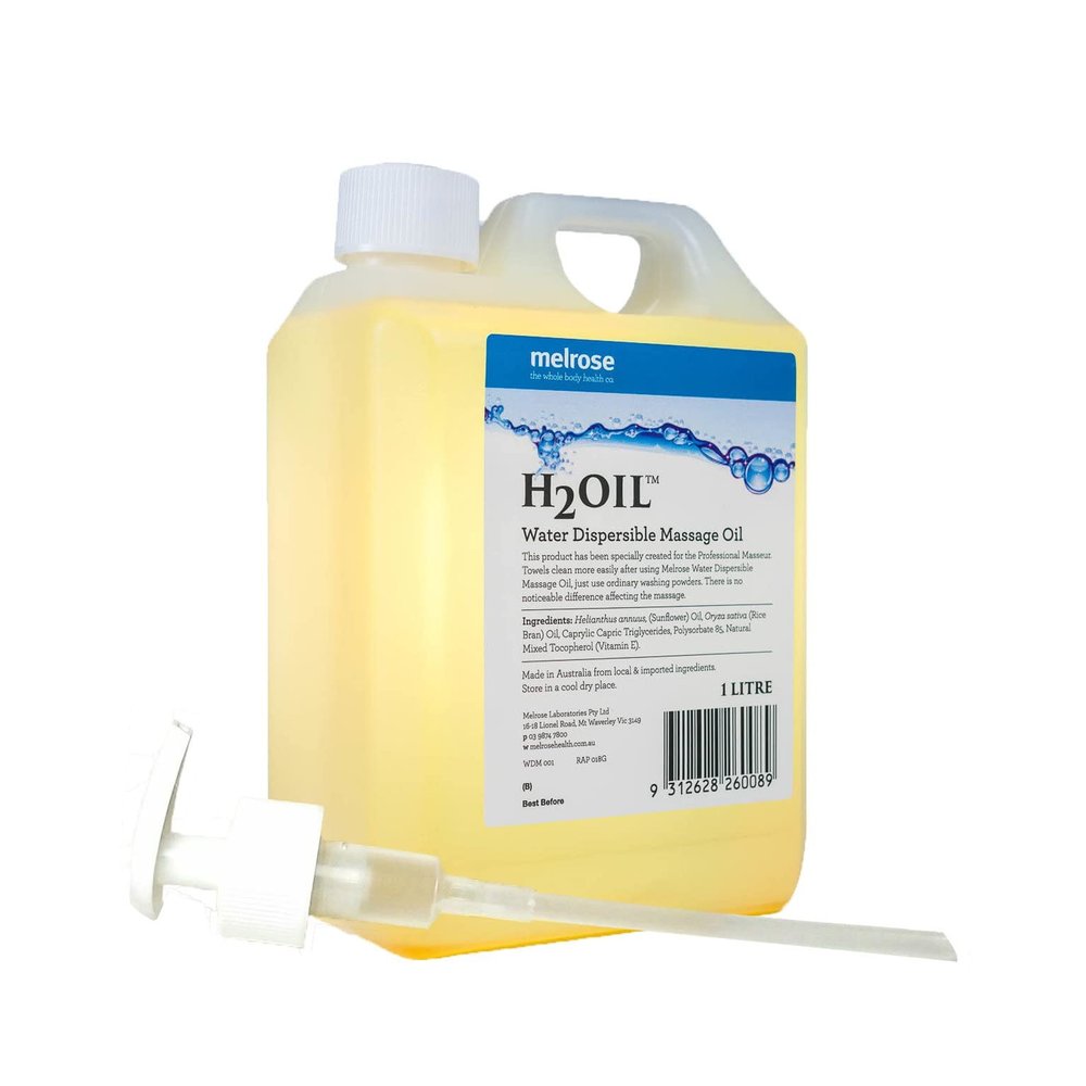 1000ml (1 Litre) Melrose Water DISPERSIBLE Massage Oil H2Oil with Twist Cap and Free Pump: Easy Wash & Suitable for All Skin Types