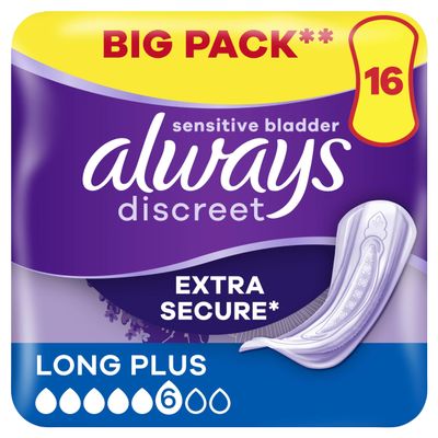 Always Discreet Incontinence Pads Women Long Plus 16 Count, Incontinence Products