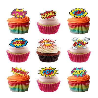 24 Stand Up Premium EDIBLE Wafer Paper Super Hero Retro Zap Pow Comic Book Style Cake Toppers Decorations by Top That