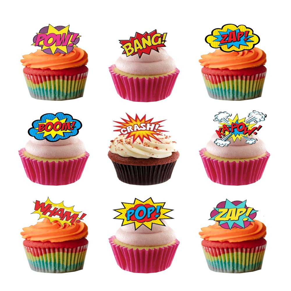24 Stand Up Premium EDIBLE Wafer Paper Super Hero Retro Zap Pow Comic Book Style Cake Toppers Decorations by Top That