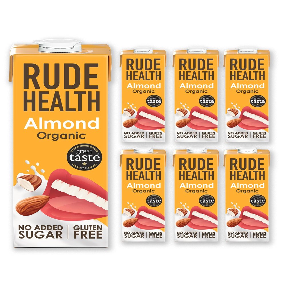 Rude Health 6 x 1 Litre Organic Almond Dairy-Alt Milk, 100% Natural Organic Drink, Lactose Free, Dairy Free & Gluten-Free, No Added Sugar, Award-Winning, Healthy & Vegan, 100% Recyclable Packaging