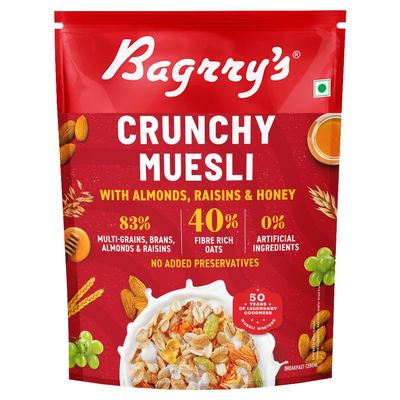 Bagrry's Crispy Cereal, 40% Fiber Rich Oats with Bran, 82% Multi Grains, Almonds, Raisins and Honey, Breakfast Cereal, Natural Cereal, 400g/425g Bag (Weight May Vary)