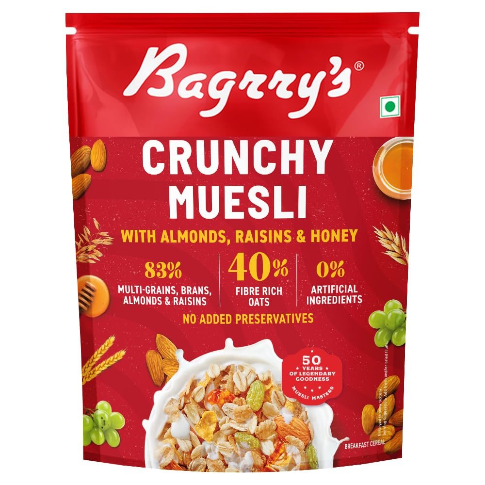 Bagrry's Crispy Cereal, 40% Fiber Rich Oats with Bran, 82% Multi Grains, Almonds, Raisins and Honey, Breakfast Cereal, Natural Cereal, 400g/425g Bag (Weight May Vary)