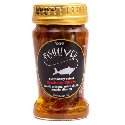 Fish 4 Ever - Anchovy Fillets in Organic Extra Virgin Olive Oil - Sustainably Fished. Jar Canned Food Rich in Omega-3, Great with Bread, Pasta and Salad 95g