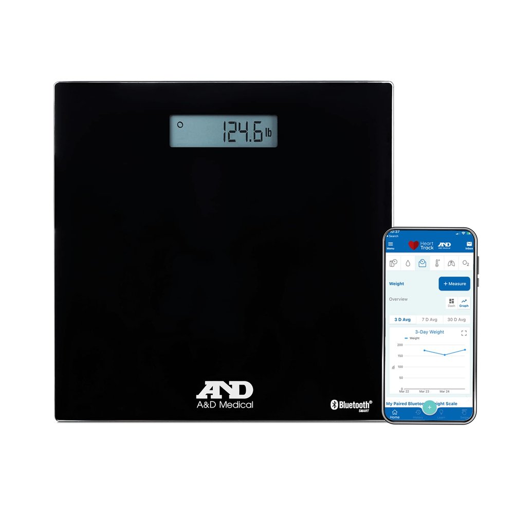A&D Medical Digital Body Weight Scale - UC-352BLE - Bluetooth Bathroom Weight Machine, Syncs with A&D Heart Track App - 450lb (200kg) - Batteries Included, FSA/HSA Eligible, Black
