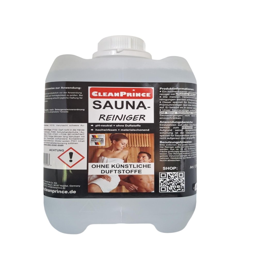 Cleanprince 5 Liter Sauna Sauna-Cleaners Saunareinigungsmittel Cleaner Sauna-Rein Dampfbadreiniger Steam Bath Finnish Disinfection Cleaning Solarium Saunadesinfektion Maintenance Hygienereinigung Wood