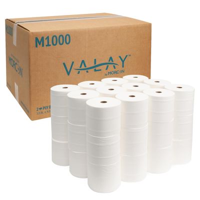 Morcon M1000 Small Core Bath Tissue Paper Roll, Septic Safe, 2-Ply, White, 1000 Sheets/Roll, 36 Roll/Carton, 1 Carton