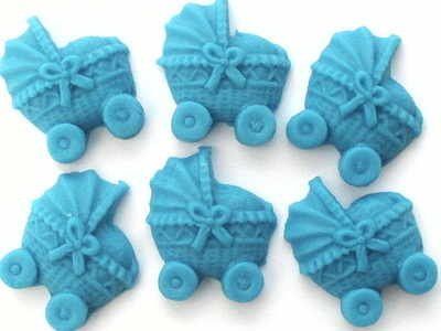 12 Edible Sugarpaste Cake Decorations: Bright Blue Baby Prams