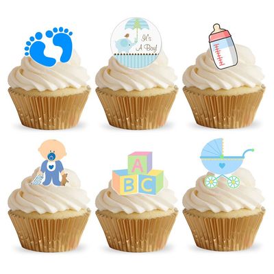 24 Stand Up Gorgeous Baby Boy Shower Edible Wafer Paper Cake Toppers Decorations