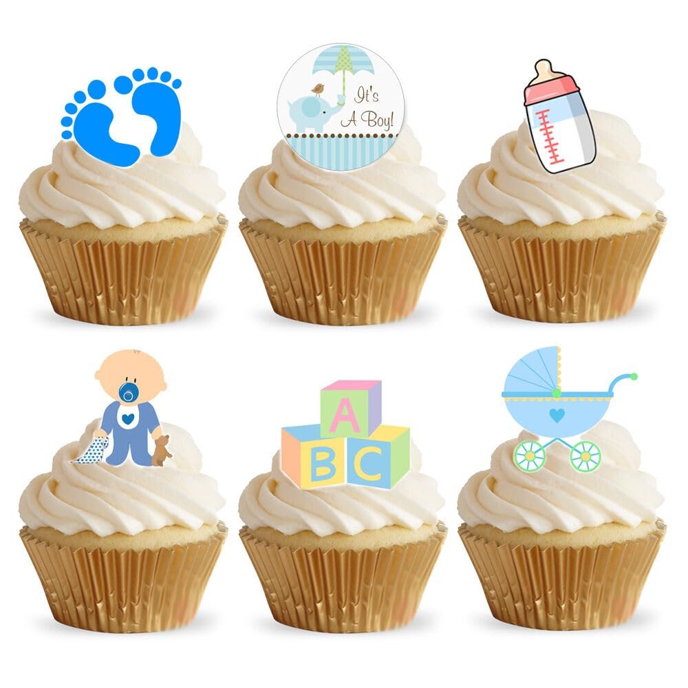 24 Stand Up Gorgeous Baby Boy Shower Edible Wafer Paper Cake Toppers Decorations
