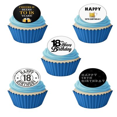 24 PRE-CUT 18th Birthday Boy Man Themed Edible Wafer Paper Round Cake Toppers Decorations