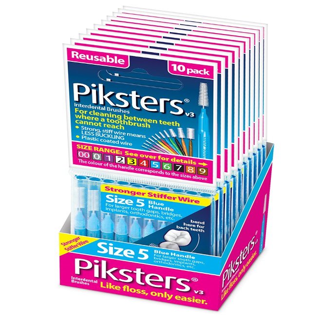 Piksters Interdental Brush-10 Brushes Per Pack x 10 Pack (100pcs) (Size 5 Blue 0.70mm)