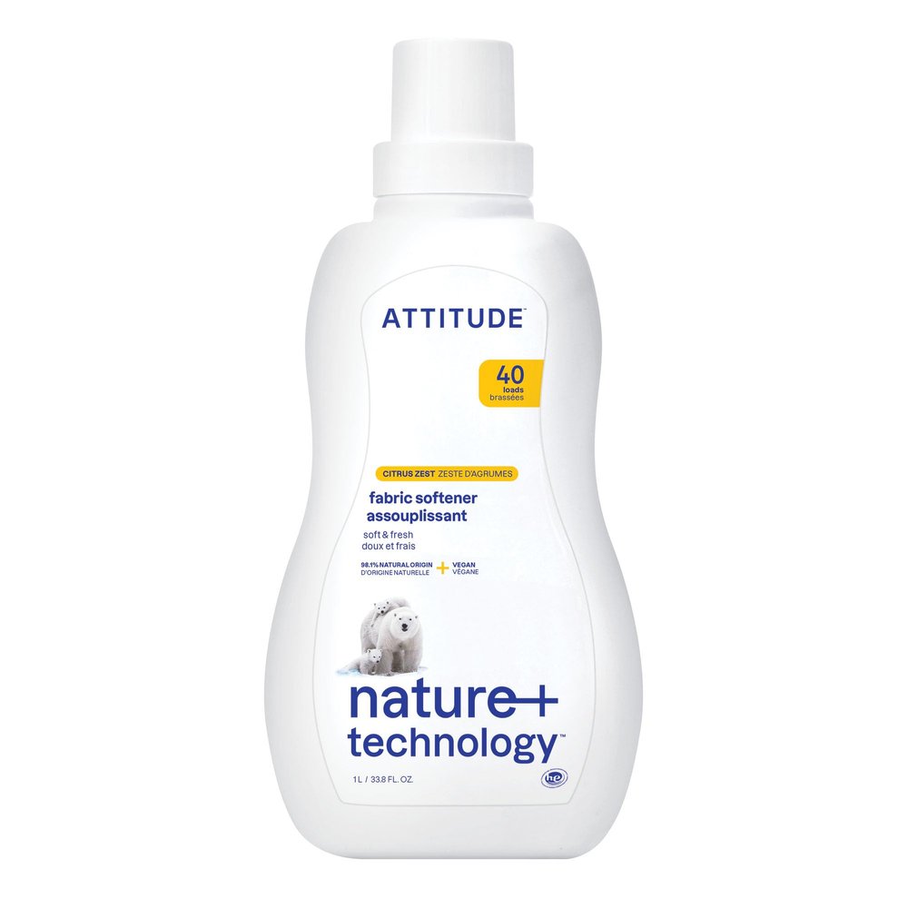 ATTITUDE Liquid Fabric Softener, Plant-Based & Vegan, HE Compatible, Naturally Derived, Citrus Zest Scent, 40 Loads, 1 Liter