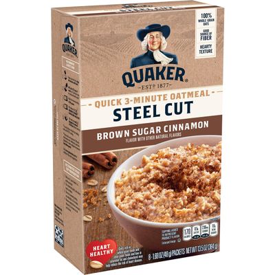 Quaker Steel Cut Quick 3 Minute Oats Quick Cut Steel, Brown Sugar & Cinnamon, 13.5 Oz, 8 Count (Pack of 6) Total, 48 Count