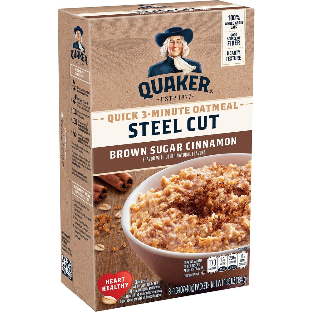 Quaker Steel Cut Quick 3 Minute Oats Quick Cut Steel, Brown Sugar & Cinnamon, 13.5 Oz, 8 Count (Pack of 6) Total, 48 Count
