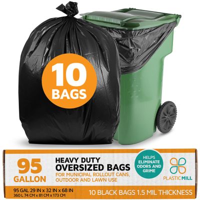 PlasticMill 95 Gallon Garbage Bags: Black, 1.5 Mil, 61x68, 10 Bags.
