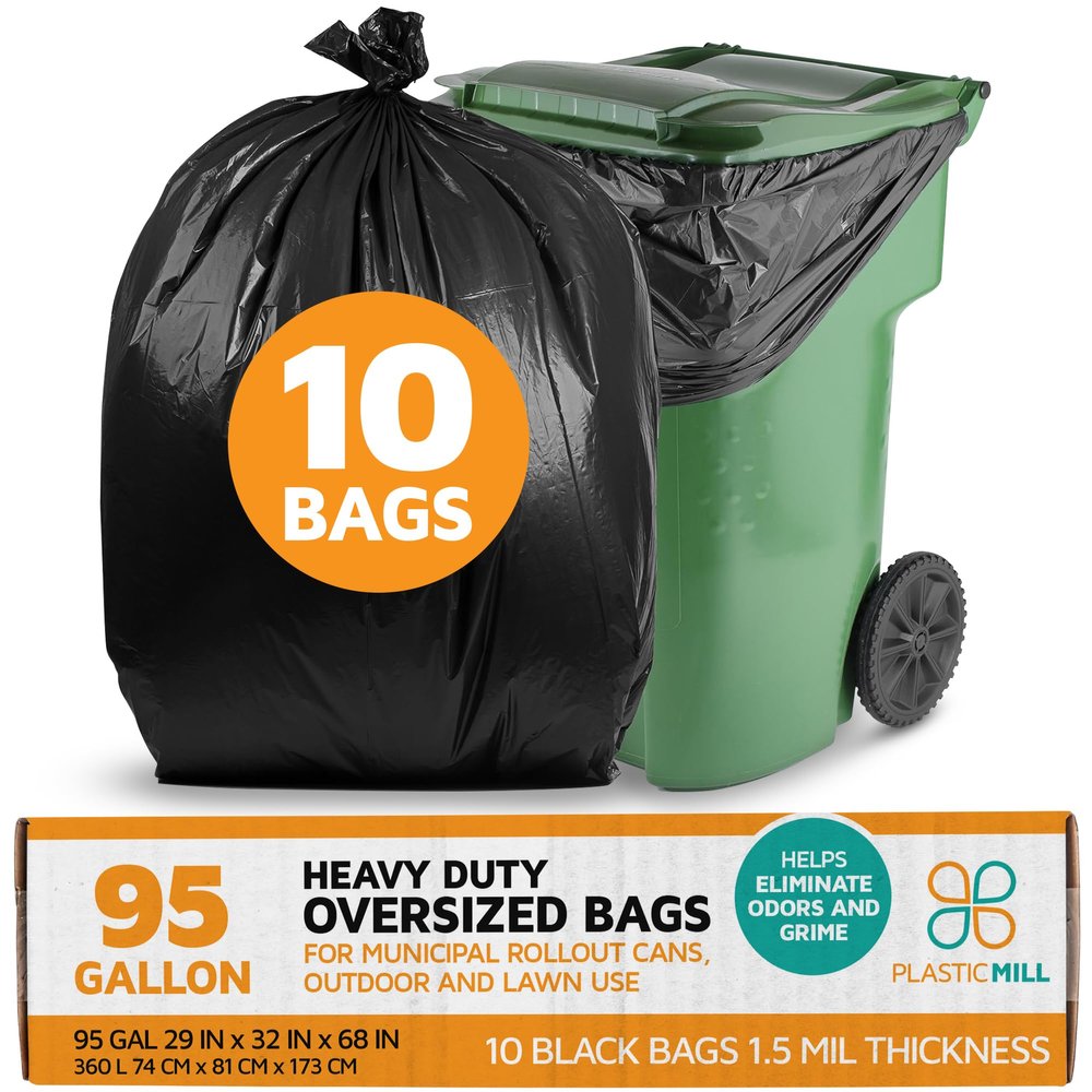 PlasticMill 95 Gallon Garbage Bags: Black, 1.5 Mil, 61x68, 10 Bags.