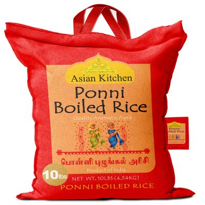 Asian Kitchen Ponni Boiled Rice 10-Pound Bag, 10lbs (4.54kg) Short Grain Par Boiled Rice ~ All Natural | Gluten Friendly | Vegan | Indian Origin | Export Quality