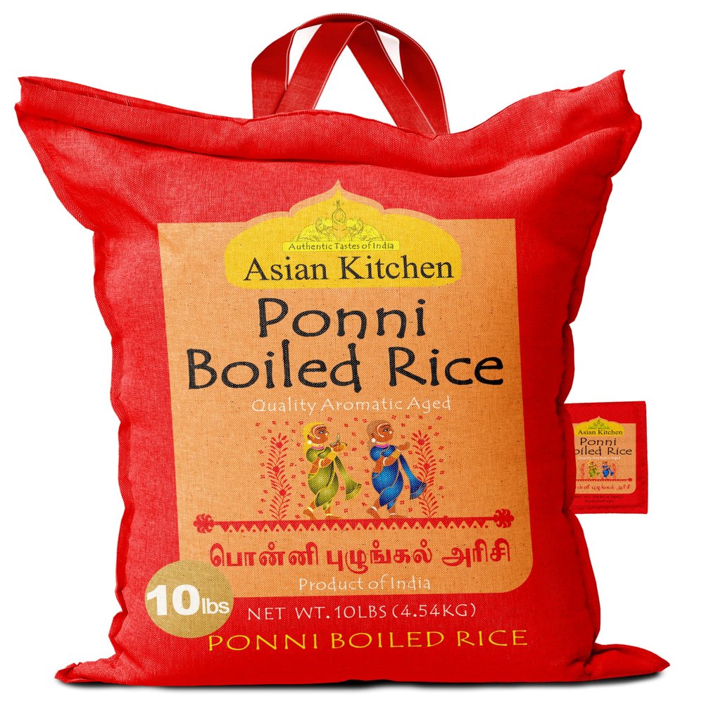Asian Kitchen Ponni Boiled Rice 10-Pound Bag, 10lbs (4.54kg) Short Grain Par Boiled Rice ~ All Natural | Gluten Friendly | Vegan | Indian Origin | Export Quality