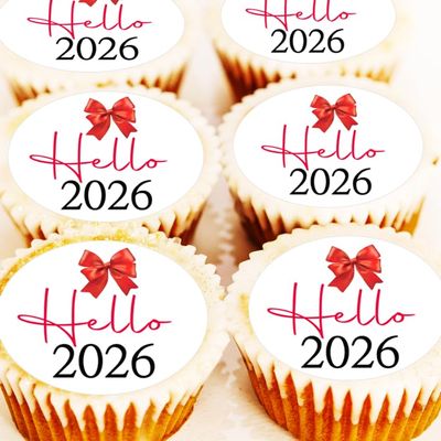 Hello 2026 Red Bow Cupcake Toppers - PRE-CUT - Gold Black New Year's Eve Party Cake Decorations - Edible Wafer - 4cm x 24