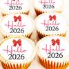 Hello 2026 Red Bow Cupcake Toppers - PRE-CUT - Gold Black New Year's Eve Party Cake Decorations - Edible Wafer - 4cm x 24 view 1