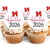 Hello 2026 Red Bow Cupcake Toppers - PRE-CUT - Gold Black New Year's Eve Party Cake Decorations - Edible Wafer - 4cm x 24 view 3