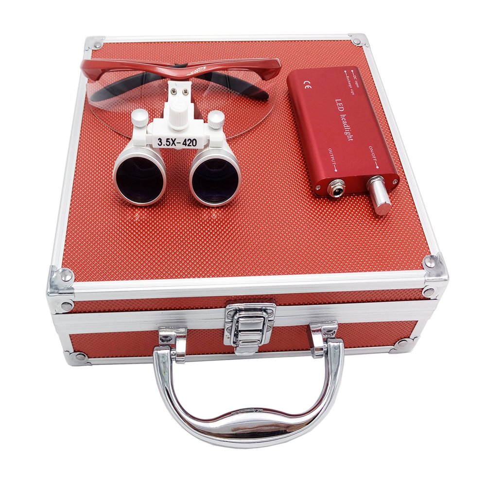3.5X 420mm Surgical Binocular Loupes +Head Light Lamp +Aluminum Boxred