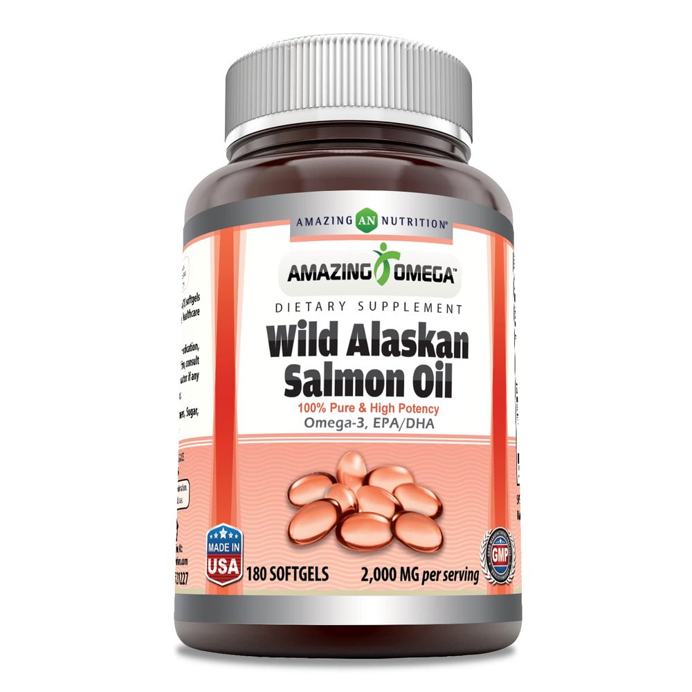 Amazing Omega Wild Alaskan Salmon Oil - 2000 mg of Salmon Oil Per Serving, 180 Softgels (Non-GMO) - Supports Heart, Joint & Brain Health and Promotes Healthy inflammatory Response (180 Softgels)