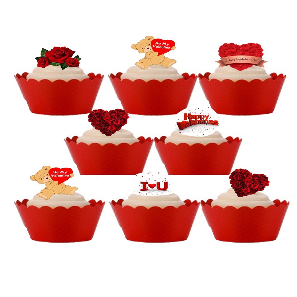 24 Stand Up Valentines Day Love Teddy Bear Themed Edible Wafer Paper Cake Toppers Decorations - 4 of Each