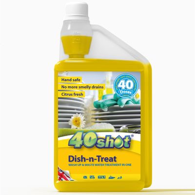 40 Shot Dish n Treat Washing Up Liquid & Grey Water Tank Cleaner  1L Concentrate  Citrus Fresh  Treats 1000L Waste Water  Caravan & Motorhome Safe  Reduces Grease & Odours, Softens Water