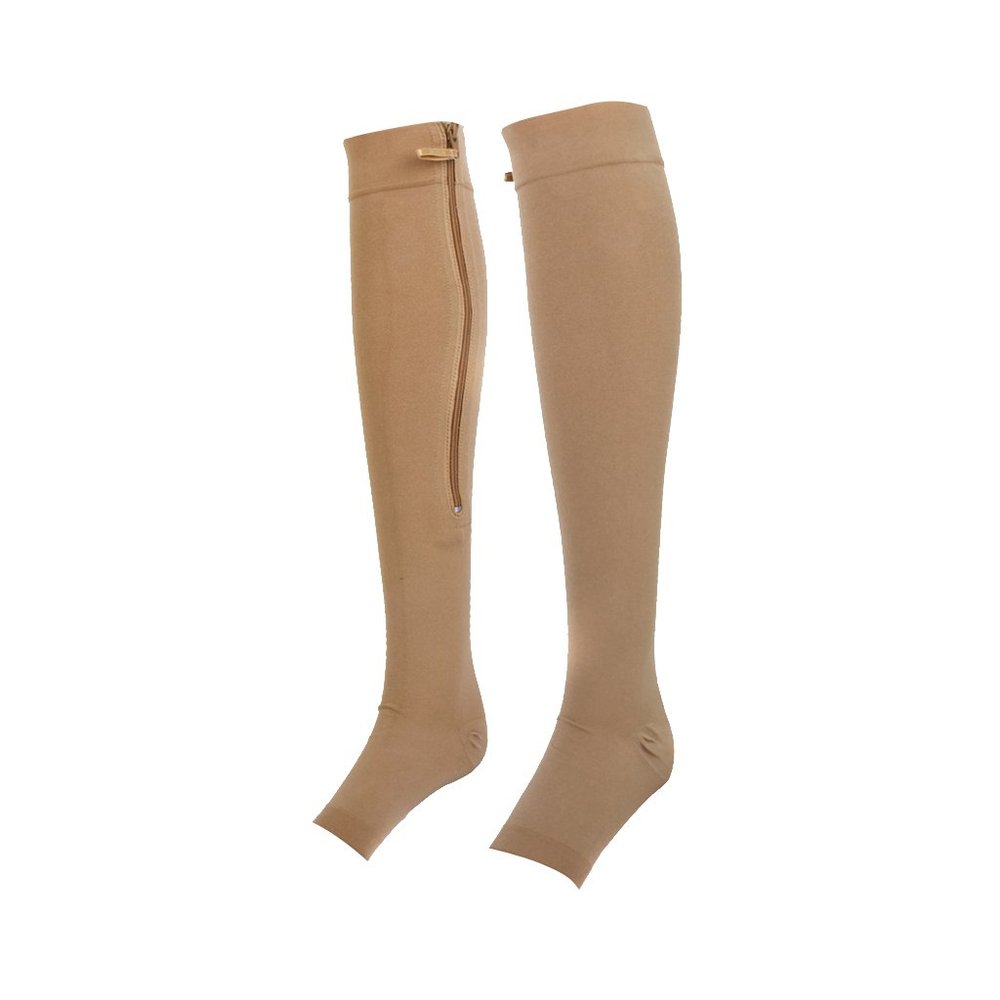 1 Pair of Women's Open Toe Zippered Compression Socks Stockings (M, Nude)