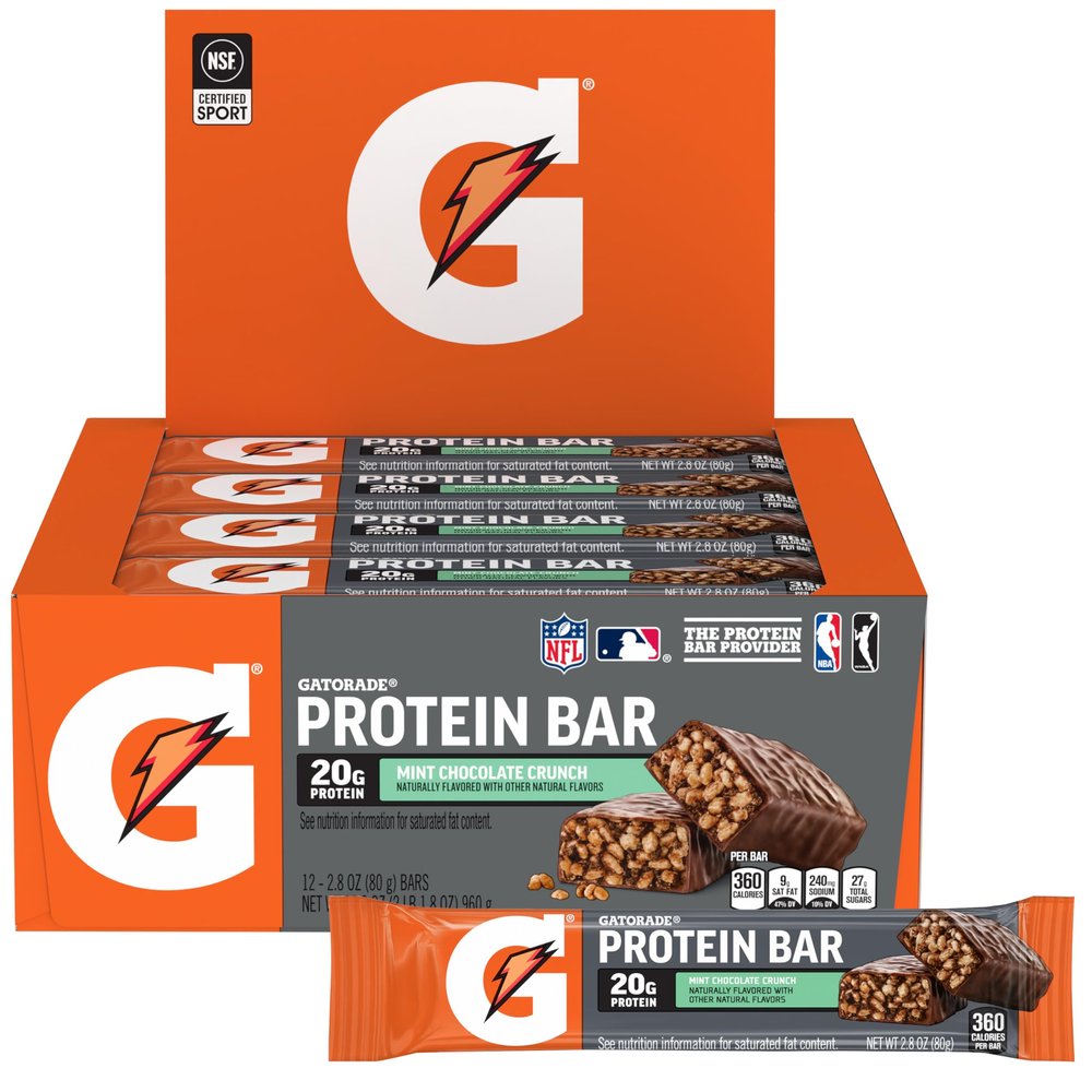 Gatorade Whey Protein Bars, Mint Chocolate Crunch, 2.8 oz Bars (Pack of 12, 20g of Protein per bar)