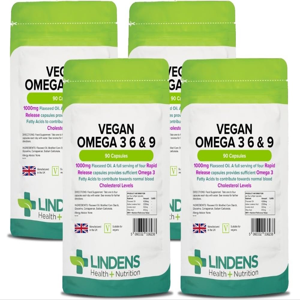 Lindens - Vegan Omega 3, 6 & 9 - 360 Capsules - UK Made - Flaxseed 1000mg Softgel Capsules - Rapid-Release - (90 Pack x4) - Letterbox Friendly