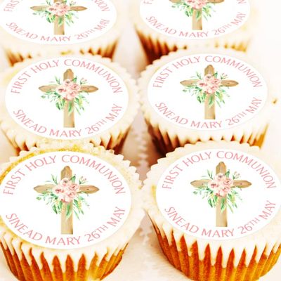 Holy Communion Cake Toppers - PRECUT - Personalised Pink Holy Communion Cake Decorations - 4cm x 24 - Icing or Wafer (Icing)