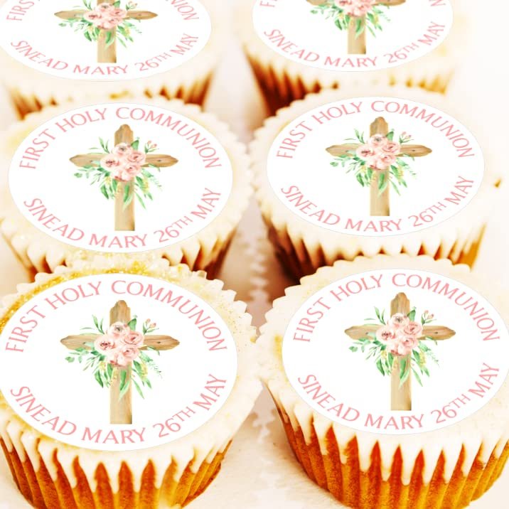Holy Communion Cake Toppers - PRECUT - Personalised Pink Holy Communion Cake Decorations - 4cm x 24 - Icing or Wafer (Icing)
