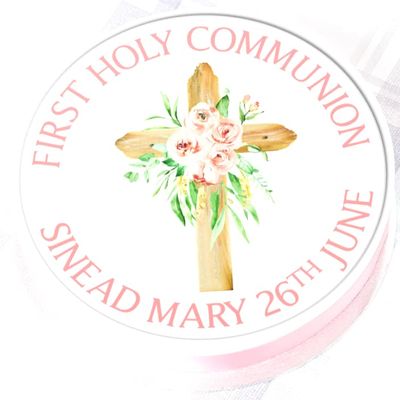 Holy Communion Cake Topper - Pink Personalised First Holy Communion Cake Decoration - 7.5" Round - Icing or Wafer (Wafer)