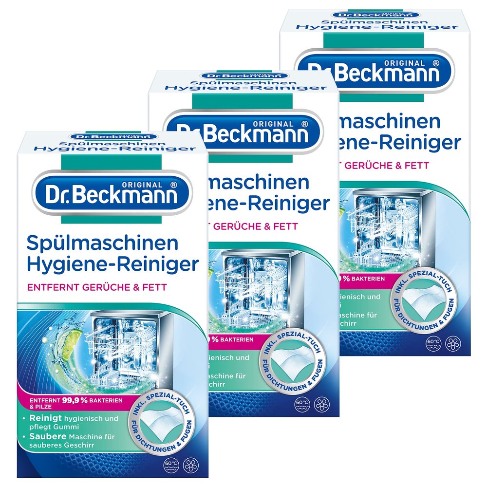 Dr. Beckmann 3 x Dishwasher Hygiene Cleaner Each Contains 75g + Moist Cloth - Against Unpleasant Odours with a Citrus Scent - Cleans all Dishwashers from the Inside