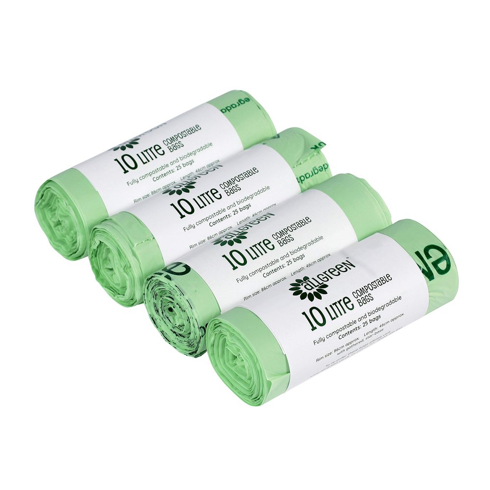 100x 10L Compostable Caddy Liners - 10 Litre Degradable Kitchen Caddy Food Waste Bin Liners - EN 13432 - Compostable Bin Liners - with All-Green Composting Guide (1, Straight top)