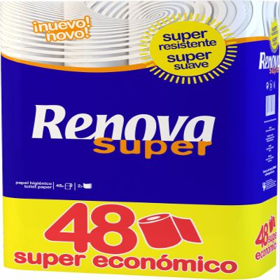 Renova Super 48 Rolls Toilet Paper  2-Ply Soft & Strong White Tissue  Bulk Economy Pack, 130 Sheets Per Roll, Highly Absorbent, Skin-Safe, No Perfume, Embossed Design for Extra Comfort